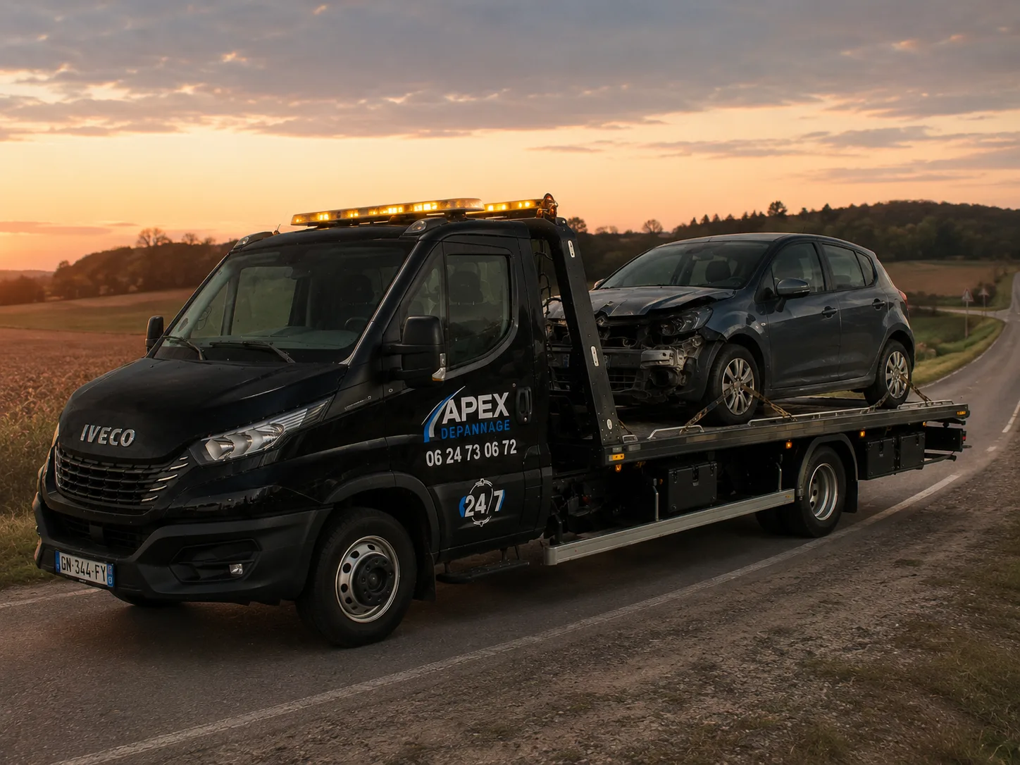 Enlèvement d'épave au coucher du soleil par Apex Dépannage