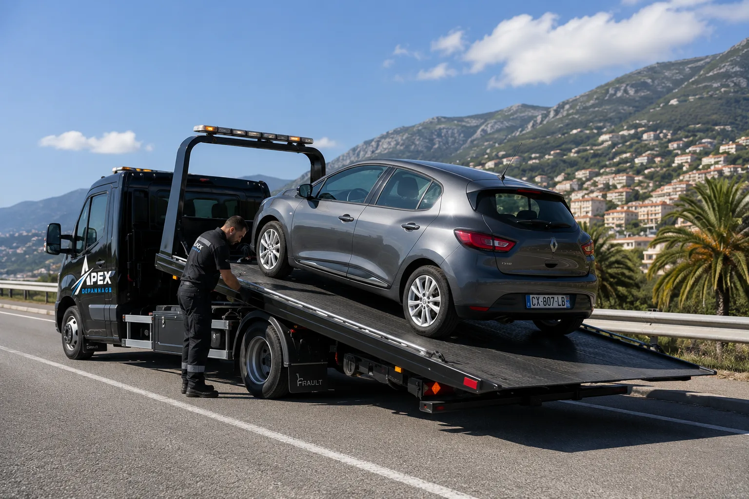 Technicien Apex charge une voiture sur plateau à Nice